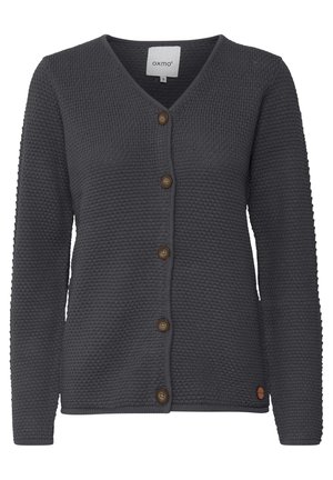 Dark gray knitted cardigan with a v-neck, textured fabric, and round brown buttons, featuring a logo accent on the lower left side.