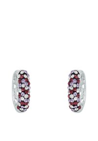 Orecchini ovali con una fila di cristalli viola, rosa e rossi montati su metallo color argento, con una superficie liscia e lucida.