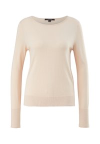 Pull beige clair à manches longues avec col rond, ourlet et poignets côtelés, taille 36 étiquetée par la marque comma.