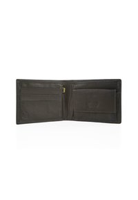 Billetera de cuero marrón con un diseño de doble pliegue, que cuenta con múltiples ranuras para tarjetas y un bolsillo lateral. Textura suave con costuras visibles.