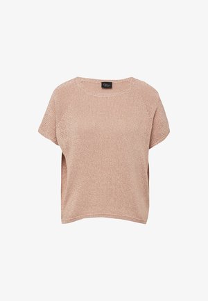 Pull léger en tricot rose clair à manches courtes, col rond, coupe ample et fentes latérales, étiquette de marque à l'intérieur du col.