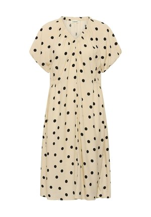 Beige jurk tot op de knie met zwarte polka dots, korte pofmouwen, geplooide V-halslijn en elastische taille detail.