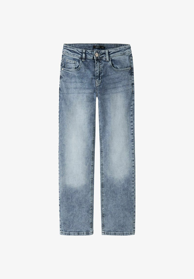 Jean droit bleu clair délavé avec bouton avant, fermeture éclair, passants de ceinture et cinq poches, posé à plat sur fond blanc.