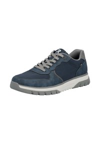 Scarpa sportiva blu navy con tomaia in suede e mesh, dettagli grigi, chiusura con lacci, collarino imbottito e suola in gomma testurizzata.