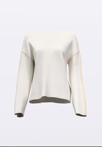 Maglietta bianca a maniche lunghe dal taglio morbido, con cuciture beige a contrasto lungo le maniche e scollatura arrotondata. Tessuto liscio.