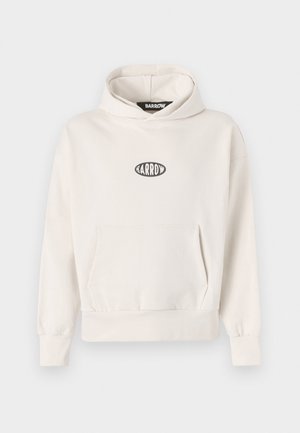 Sudadera color crema con un bolsillo tipo canguro, puños y dobladillo acanalados. Presenta un logo ovalado negro con "BARROW" centrado en el pecho.