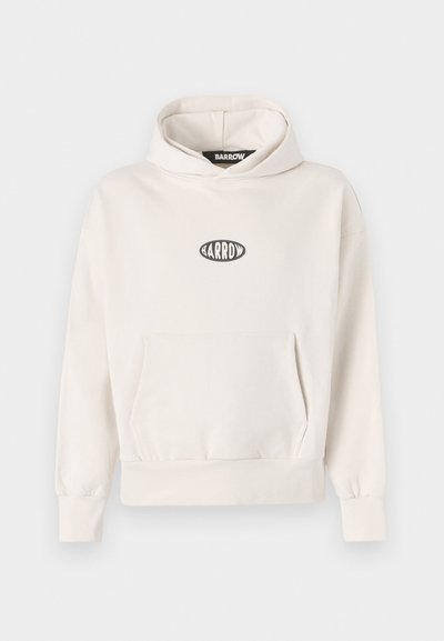 Krämfärgad huvtröja med känguruficka, ribbade muddar och fåll. Har en svart oval logotyp med "BARROW" centrerad över bröstet.