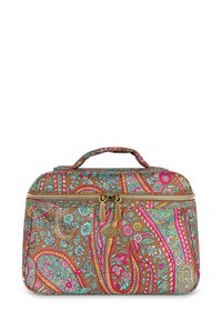 Bruine stoffen cosmeticaset met een bloemen-paisleypatroon in roze en turquoise. Voorzien van dubbele gouden ritssluitingen en een handvat aan de bovenkant voor het dragen.