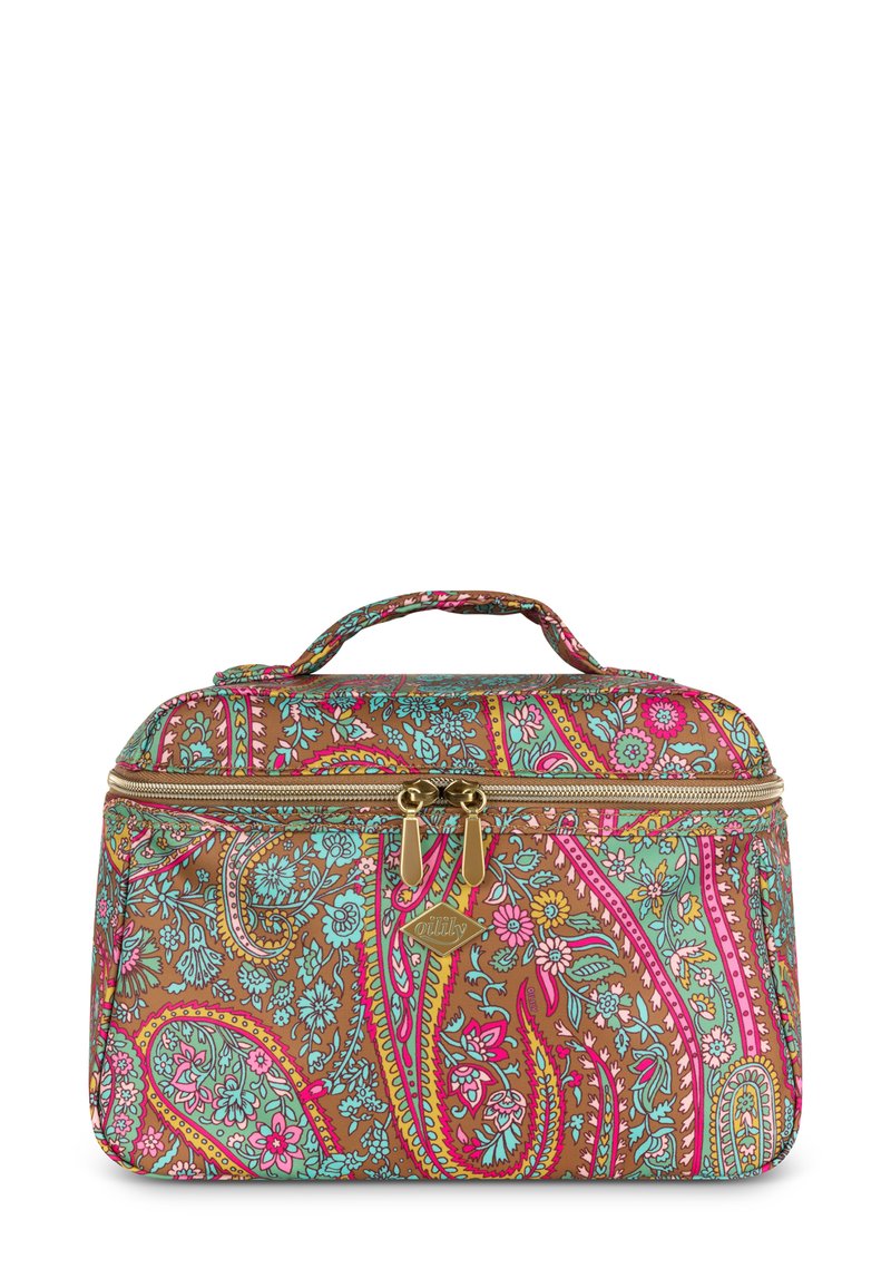 Bruine stoffen cosmeticaset met een bloemen-paisleypatroon in roze en turquoise. Voorzien van dubbele gouden ritssluitingen en een handvat aan de bovenkant voor het dragen.