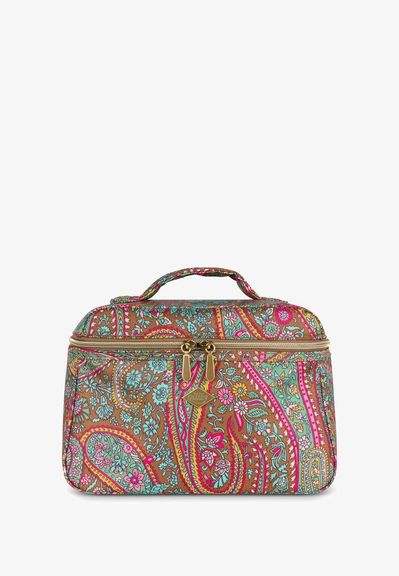 Bruine stoffen cosmeticaset met een bloemen-paisleypatroon in roze en turquoise. Voorzien van dubbele gouden ritssluitingen en een handvat aan de bovenkant voor het dragen.