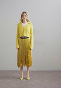 Pulover galben scurt, cu mâneci lungi, asortat cu o fustă plisată galbenă cu marginile franjurate și tocuri galbene asortate.