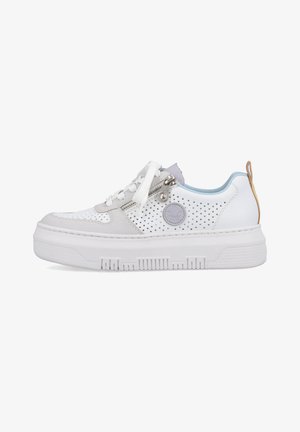 White and gray sneaker with perforated design, textured rubber sole, zip accent, and light blue inner lining. Features classic lace-up closure.