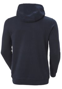 Sudadera azul marino hecha de una tela suave, con un corte relajado, mangas largas y una capucha con cordón, de textura lisa y sin patrones visibles.