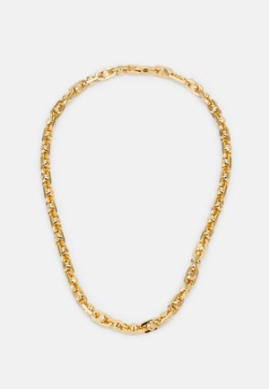 Collana in metallo dorato con anelli ovali, caratterizzata da una finitura liscia e una texture uniforme, progettata per aderire bene attorno al collo.