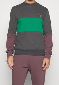 Sudadera gris con una franja horizontal verde, con detalles púrpuras en las mangas. Detalle notable del logo en el pecho. Diseño casual.