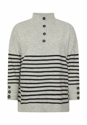 Maglione grigio con collo alto, strisce orizzontali nere, patta con quattro bottoni e dettagli con bottoni sulle maniche. Texture in maglia morbida.