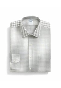 Camicia bianca con un piccolo motivo a quadretti in grigio e blu navy. Dotata di colletto, maniche lunghe e polsini bottonati, piegata in modo ordinato.