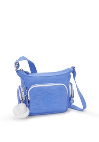 Borsetta a tracolla blu in nylon con finitura texturizzata, dotata di un logo circolare, due scomparti con zip e un charm in peluche come accent.