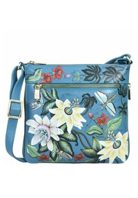 Blaue Leder-Umhängetasche mit floralen Designs in Gelb, Weiß und Rot, einem Reißverschluss-Frontfach und einem verstellbaren Trageriemen.