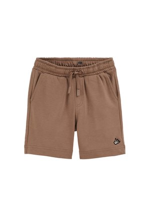 Shorts marron à taille élastique avec cordon de serrage, poches latérales et petit logo oiseau sur la jambe inférieure gauche.