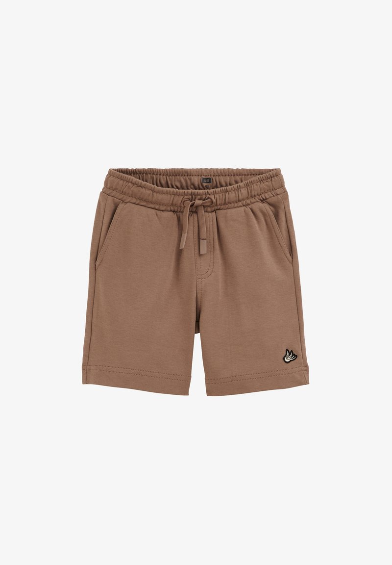 Shorts marron à taille élastique avec cordon de serrage, poches latérales et petit logo oiseau sur la jambe inférieure gauche.