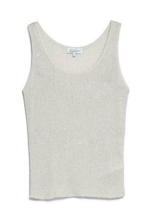 Débardeur sans manches en maille pailletée argentée avec encolure dégagée et petite étiquette à l'intérieur du col indiquant la marque et la taille small.