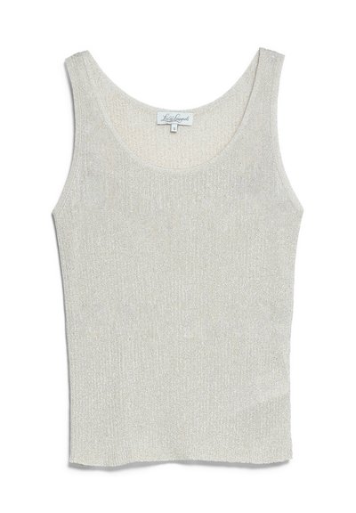 Débardeur sans manches en maille pailletée argentée avec encolure dégagée et petite étiquette à l'intérieur du col indiquant la marque et la taille small.