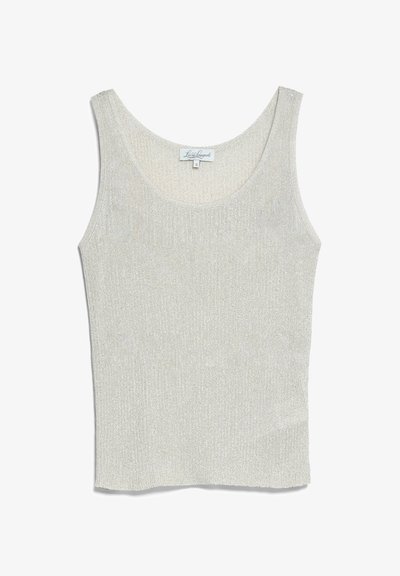 Débardeur sans manches en maille pailletée argentée avec encolure dégagée et petite étiquette à l'intérieur du col indiquant la marque et la taille small.