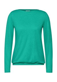 Langärmliges, türkisfarbenes Oberteil mit Rundhalsausschnitt und gerafftem Saum. Glatte Textur, aus leichtem Stoff gefertigt. Einfaches, schnörkelloses Design.