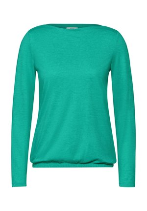 Top teal a maniche lunghe con scollatura rotonda e orlo arricciato. Tessuto morbido, realizzato in un materiale leggero. Design semplice e privo di decorazioni.