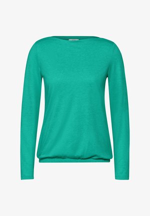 Långärmad grönblå topp med rund halslinning och rynkad nederkant. Slät textur, tillverkad av lättviktig tyg. Enkel, utan utsmyckningar.