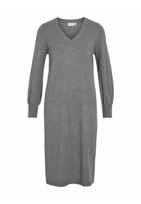 Abito grigio a maglia con scollatura a V, maniche lunghe e polsini aderenti. Realizzato in tessuto morbido, presenta una trama liscia e una lunghezza a metà polpaccio.