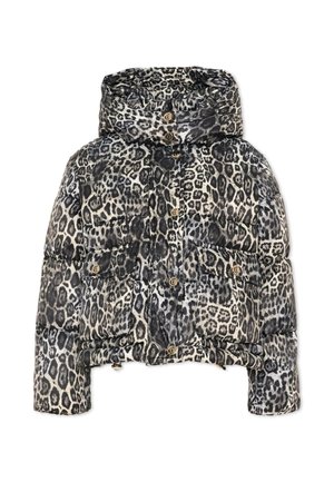 Dunjakke med hætte, sort og grå leopardprint, frontknapper og to klaplommer.