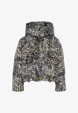 Dunjakke med hætte, sort og grå leopardprint, frontknapper og to klaplommer.