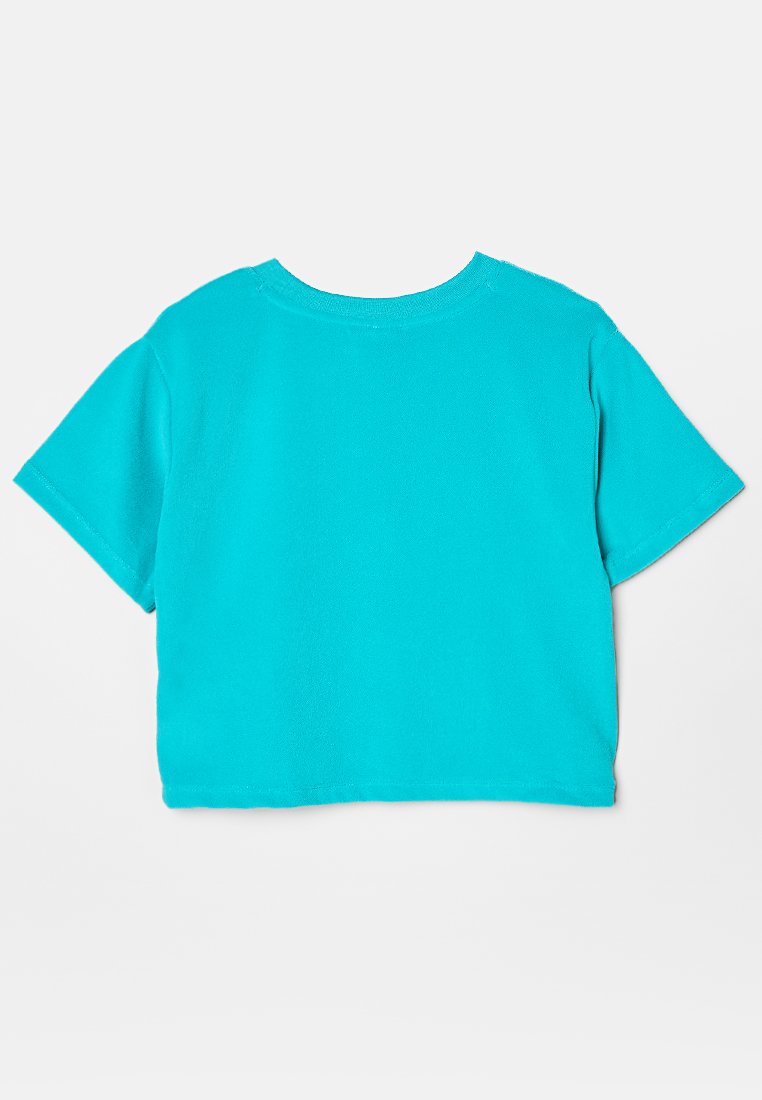Türkise Kurzarm-T-Shirt mit Rundhalsausschnitt, aus weichem Baumwollmaterial, mit einem cropped Design und einfarbiger Textur.