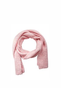 Écharpe rose à côtes en matériau doux, avec une texture épaisse et confortable et un design en nœud torsadé, idéale pour le superposition et pour garder au chaud.