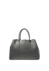 Borsa a mano in pelle grigia con finitura testurizzata, dotata di due manici robusti e di un logo circolare decorativo sul davanti.