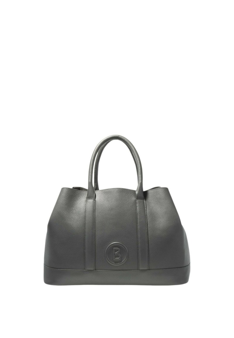 Borsa a mano in pelle grigia con finitura testurizzata, dotata di due manici robusti e di un logo circolare decorativo sul davanti.