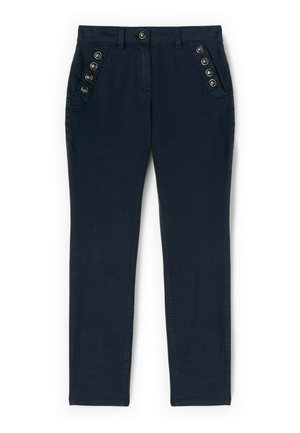 Navyblauwe broek met taps toelopende pijpen, twee voorzakken met elk vijf decoratieve metalen knopen, en een sluiting met knoop en rits.