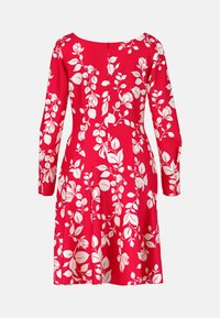 Rotes Kleid mit langen Ärmeln, floralem weißen Druck, rundem Ausschnitt und Reißverschluss auf der Rückseite. Glatte Stoffqualität mit tailliertem Oberteil und weit schwingendem Rock.