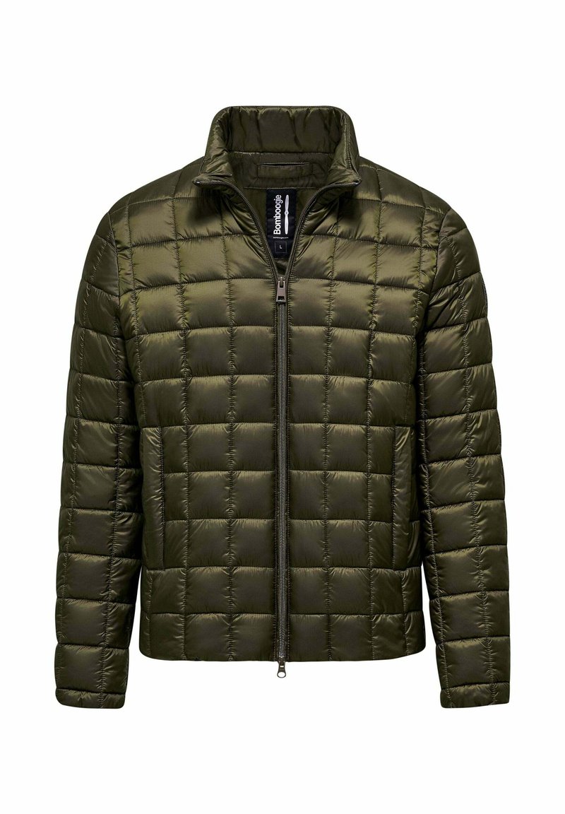 Oliwkowa kurtka pikowana z wysokim kołnierzem, z przodem na zamek błyskawiczny i lekkim, błyszczącym materiałem. Posiada kwadratowy wzór przeszyć.