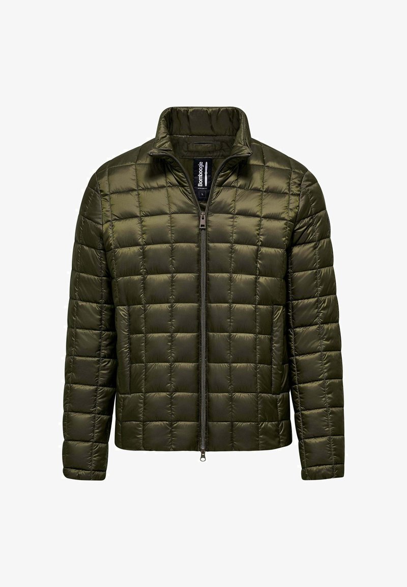 Oliwkowa kurtka pikowana z wysokim kołnierzem, z przodem na zamek błyskawiczny i lekkim, błyszczącym materiałem. Posiada kwadratowy wzór przeszyć.