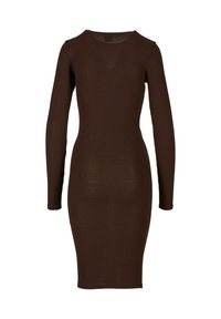 Robe moulante à manches longues en tissu côtelé marron foncé. Présente un décolleté rond et une silhouette à mi-genoux. Pas de quincaillerie ni de motifs visibles.