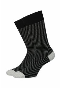 Czarno-szare skarpetki w paski z jednolitym czarnym mankietem i szarymi akcentami na palcach. Wykonane z miękkiego, teksturowanego materiału.