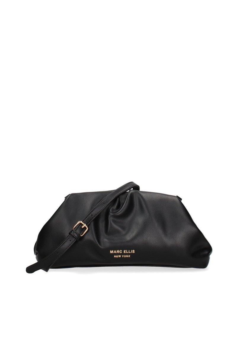 Borsa a tracolla in pelle nera con design arricciato, dettaglio logo dorato e tracolla regolabile. Texture morbida con fondo strutturato.