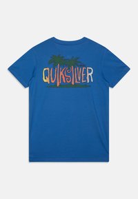 Plava pamučna majica s dugim rukavima koja ima šareno "Quiksilver" logo s grafikom palmi otisnuto na leđima. Kratki rukavi i dizajn s okruglim izrezom.