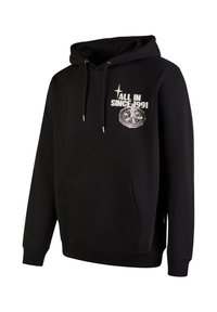 Schwarzer Hoodie aus Baumwollmischung mit einer vorderen Tasche, Kapuze mit Zugband und weißen Druckgrafiken: "ALL IN SINCE 1991."
