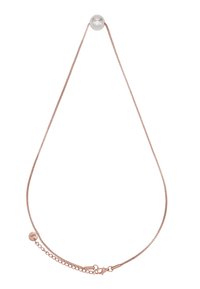 Roze gouden ketting met een dunne schakelkettinkje, voorzien van een prominente ronde parel als middelpunt en een klein verstelbaar sluitingdetail.