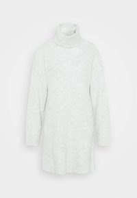 Maglione a collo alto grigio chiaro con maniche lunghe, vestibilità ampia e un motivo a maglia testurizzato. L'orlo termina appena sopra i fianchi.
