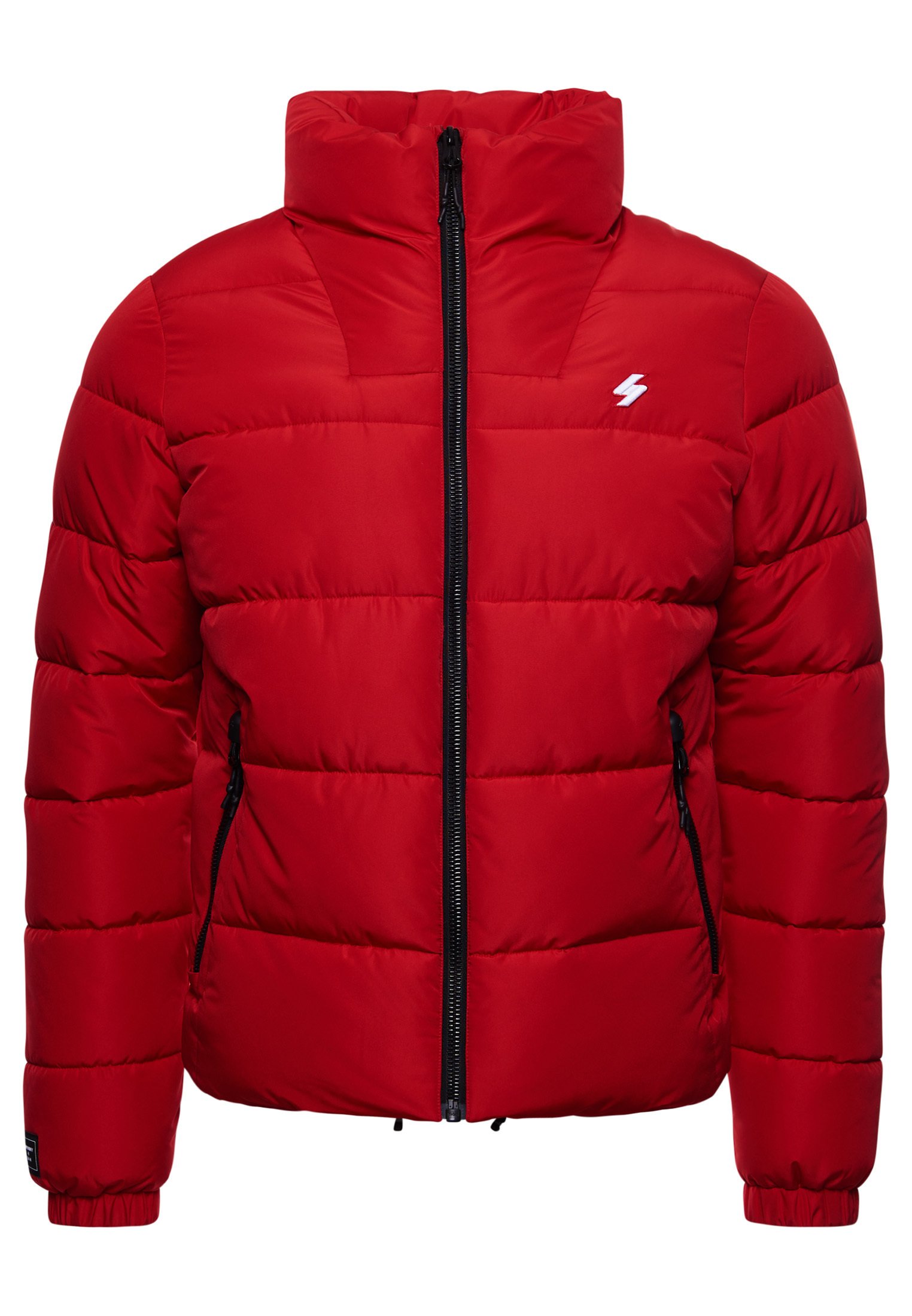 red hooded down jacket
